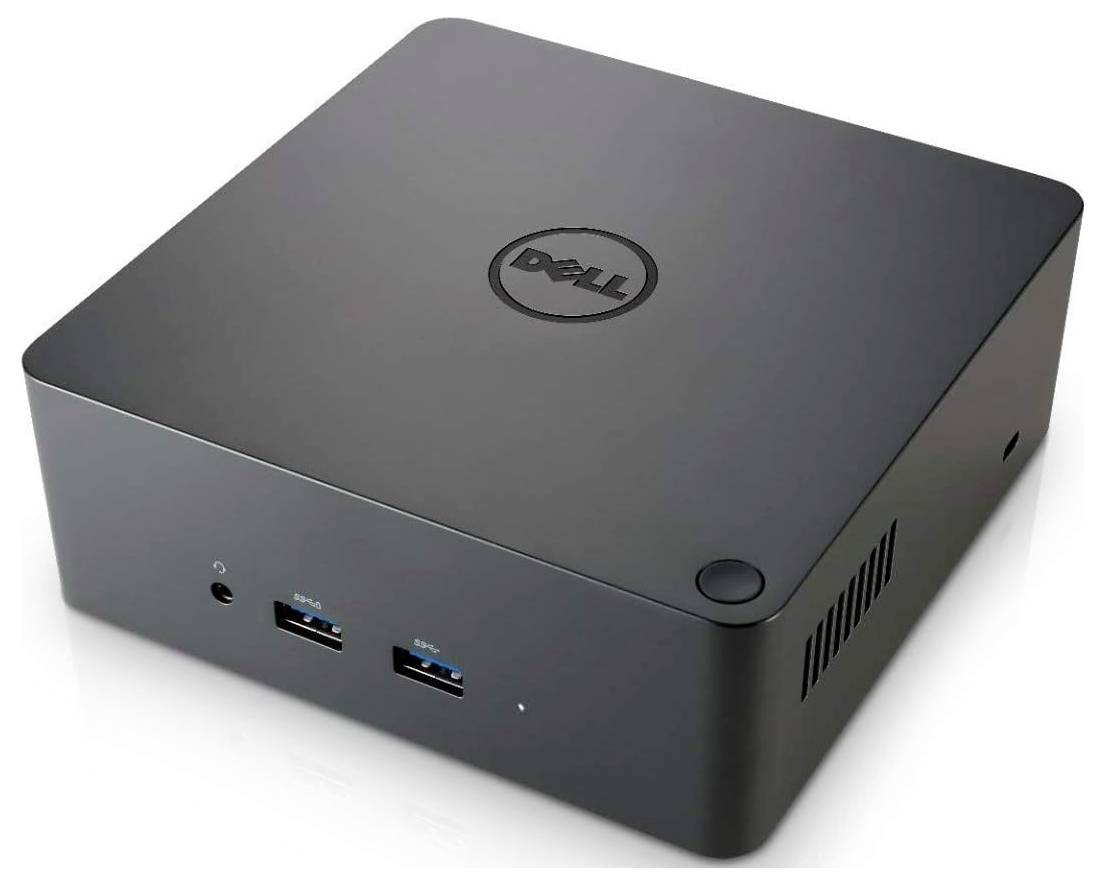Kompakter schwarzer Dell-Mini-Desktop-Computer mit Kopfhörerbuchse an der Vorderseite, zwei USB-Anschlüssen und einem Netzschalter in der oberen rechten Ecke.