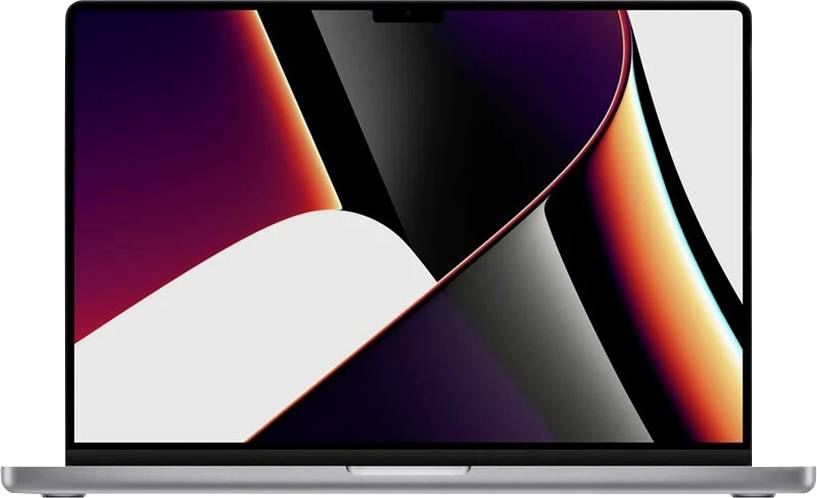 Ein silberner Laptop mit geöffnetem Bildschirm, der eine farbenfrohe abstrakte Tapete mit geschwungenen roten, violetten, schwarzen und orangefarbenen Formen anzeigt.