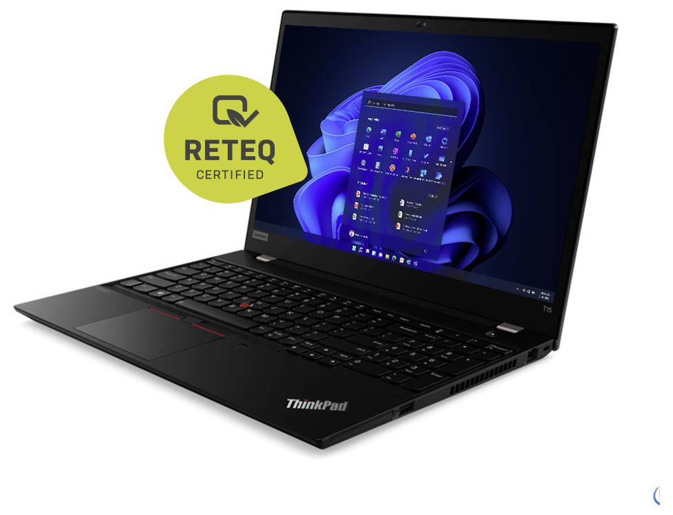 Schwarzer Lenovo ThinkPad Laptop, offen unter Windows 11 dargestellt, mit einem gelben Badge 