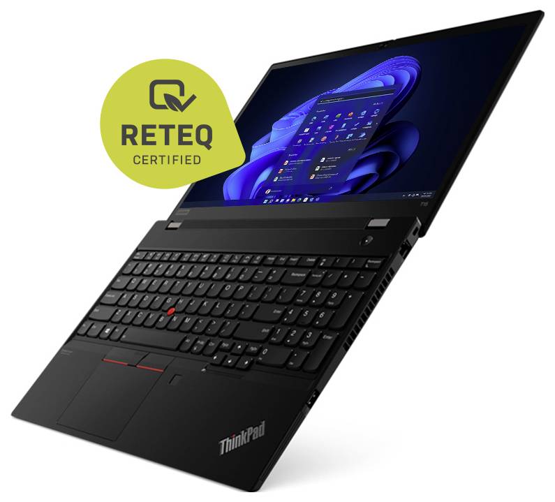 Schwarzes Lenovo ThinkPad Laptop, offen im Winkel dargestellt, mit einem gelben 