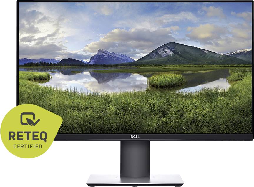 Dell-Monitor zeigt eine malerische Bergseenlandschaft mit reflektierten Gipfeln und grünem Vordergrund; „RETEQ CERTIFIED