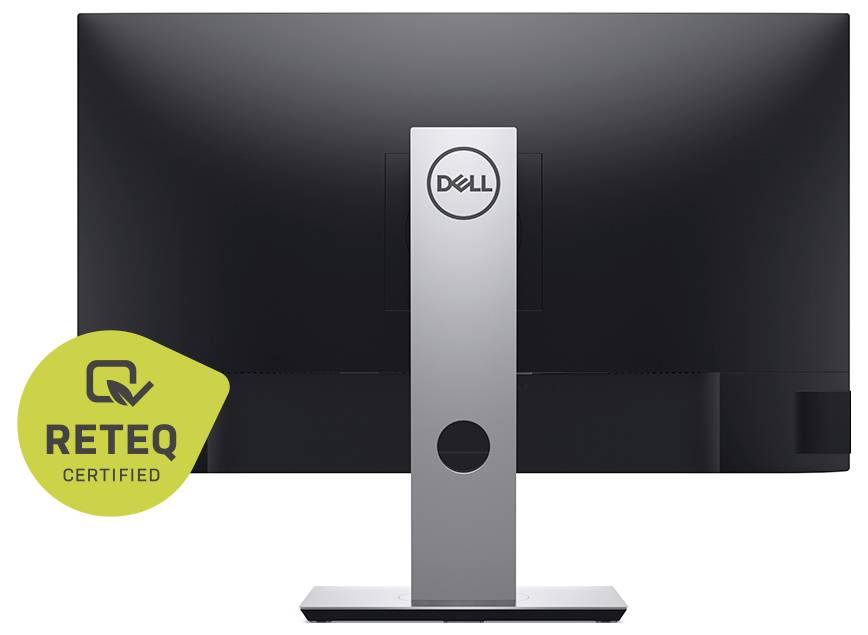 Vorderansicht eines Dell-Monitors auf einem Ständer mit einem grünen Badge „RETEQ CERTIFIED