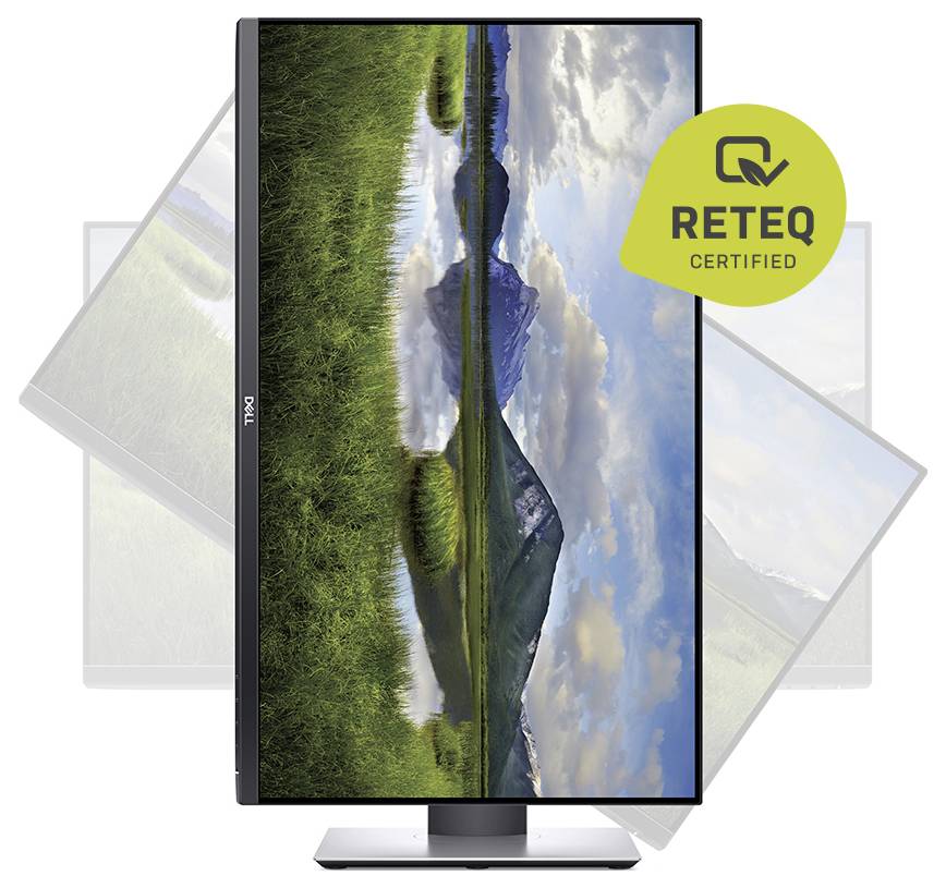 Dell-Monitor mit einer Gebirgs- und Seenlandschaft, mit einem „RE100 Certified