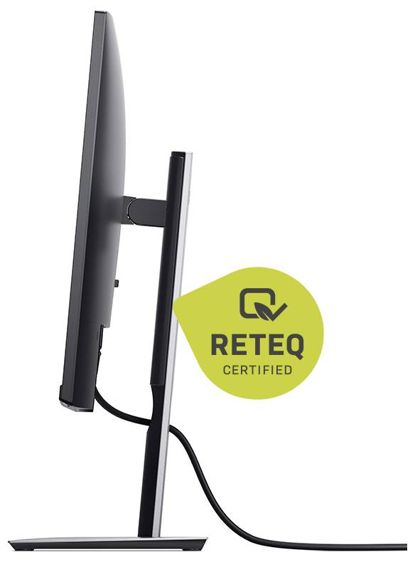 Seitenansicht eines Flachbildschirms auf einem Ständer mit einem Kabel, gekennzeichnet mit einem grünen Abzeichen 