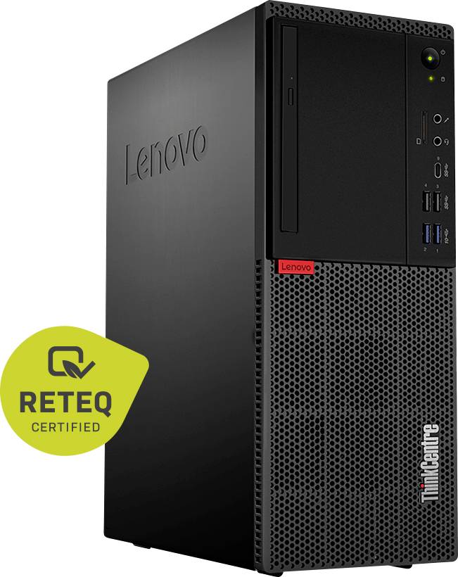 Schwarzer Lenovo ThinkCentre Desktop-Tower mit USB-Anschlüssen an der Vorderseite und einem gelben 