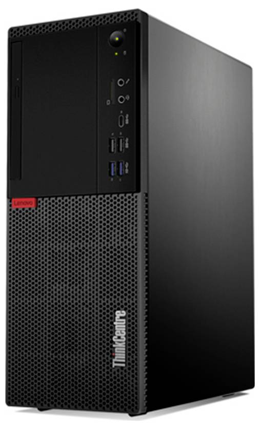 Schwarzer Lenovo ThinkCentre-Desktop-Tower-Computer in Dreiviertelperspektive mit sichtbaren USB- und Audioanschlüssen an der Vorderseite.