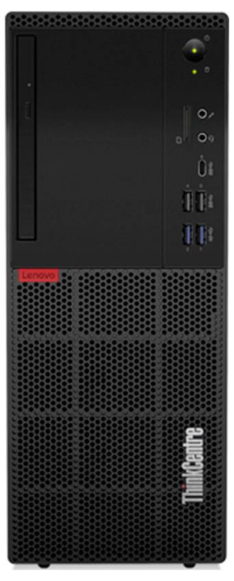 Vorderansicht eines Lenovo ThinkCentre Desktop-Towers, schwarzes Gehäuse mit perforierten unteren Lüftungsöffnungen und vorderen USB-, Audio- und Ein-/Ausschaltern.
