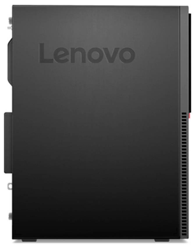 Schwarzer Lenovo-Desktop-Computerturm, von vorne gezeigt, mit dem Lenovo-Logo oben und seitlichen Belüftungspanelen.