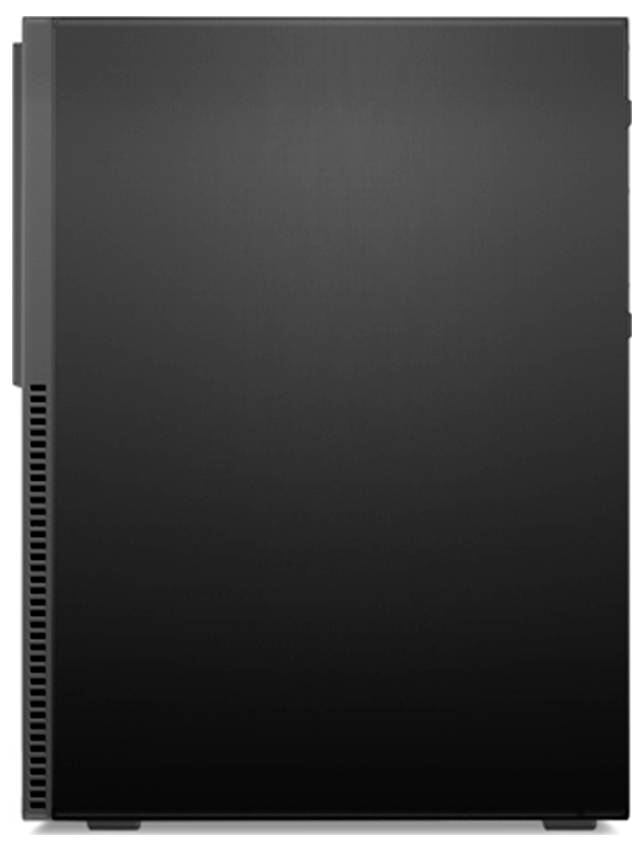 Schwarzes rechteckiges Computer-Gehäuse, von vorne gezeigt, mit seitlichen Lüftungsschlitzen und matter Oberflächenbeschaffenheit.