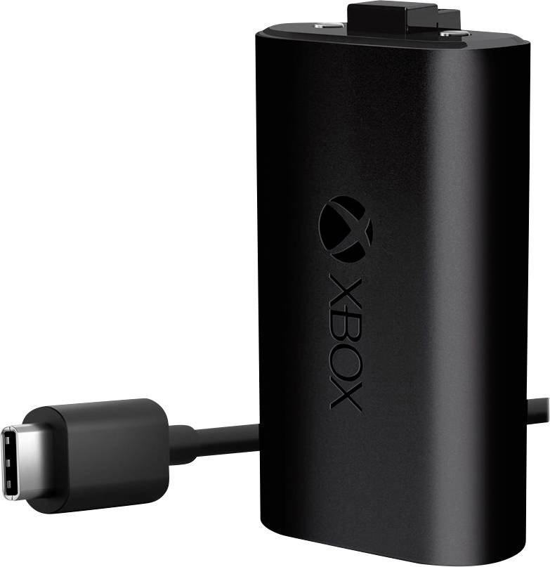 Schwarzer Xbox-Stromadapter mit angebrachtem Kabel und Stecker auf weißem Hintergrund.