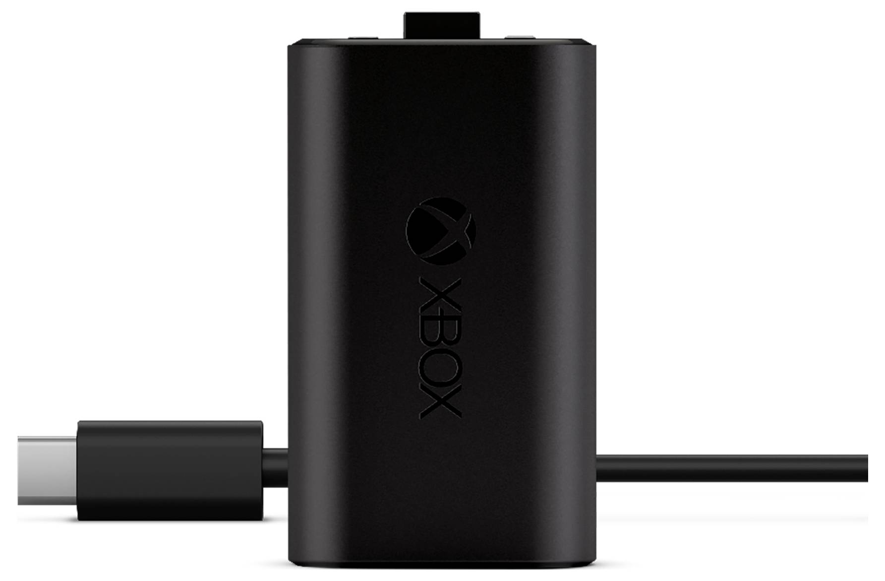 Schwarzer Xbox-Adapter oder Kabelzubehör von vorne gezeigt mit einem Kabel, das auf jeder Seite eingesteckt ist