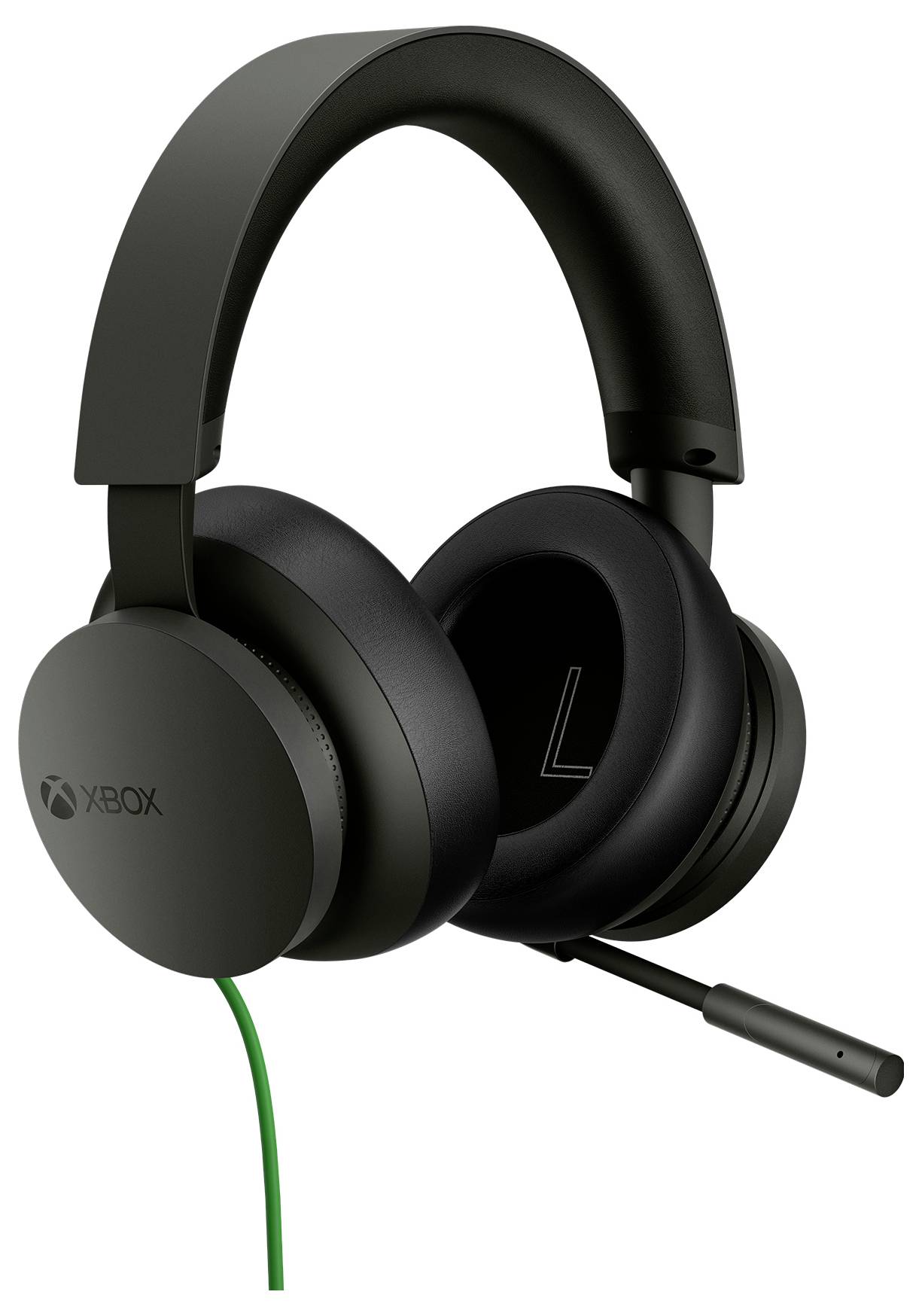 Schwarzes Xbox-Gaming-Kopfhörer-Set zum Überziehen mit gepolstertem Kopfbügel, Boom-Mikrofon und grünem Kabel, gezeigt auf weißem Hintergrund.