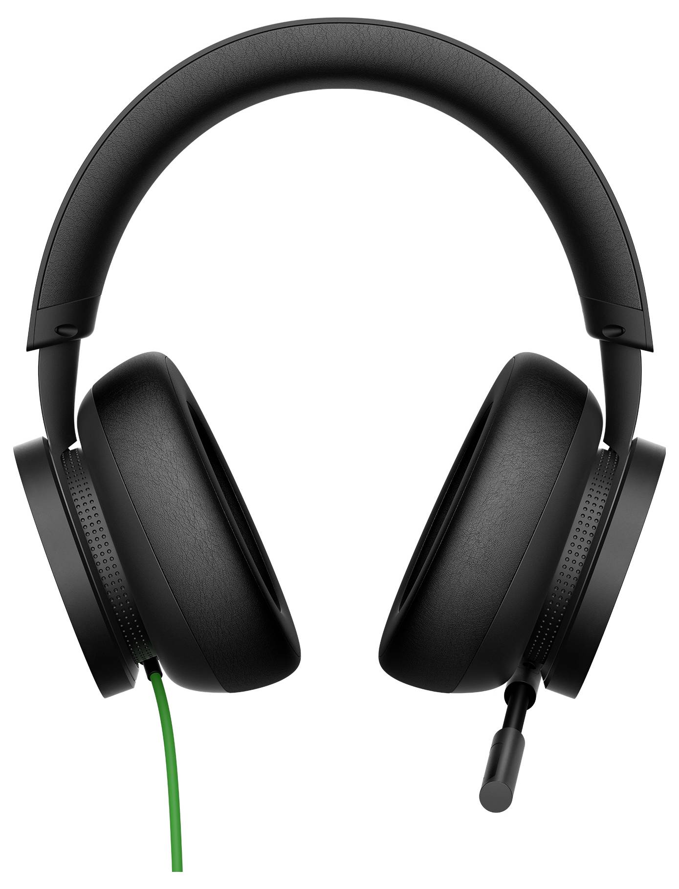 Schwarzes Over-Ear-Kopfhörer-Set mit Kabel, gepolstertem Kopfbügel, Boom-Mikrofon und grünem Kabel auf weißem Hintergrund