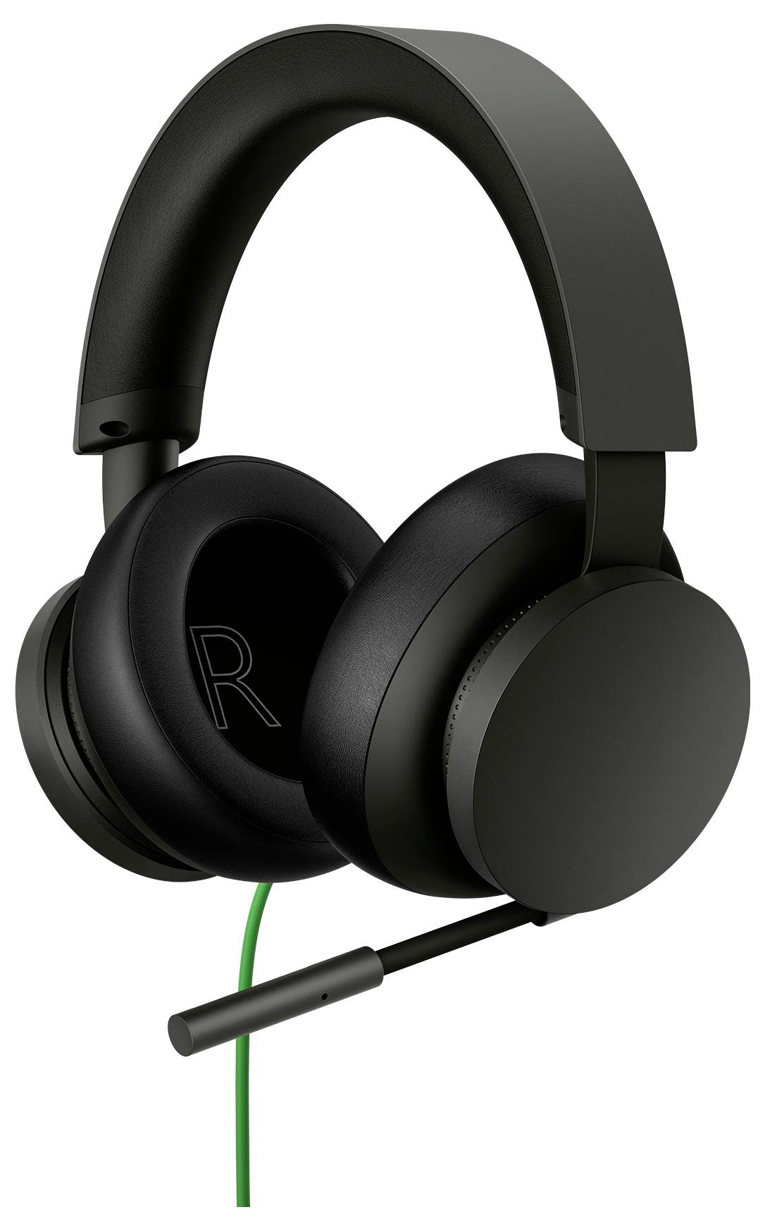 Schwarzes Over-Ear-Gaming-Headset mit Boom-Mikrofon und grünem Kabel, dargestellt vor weißem Hintergrund.