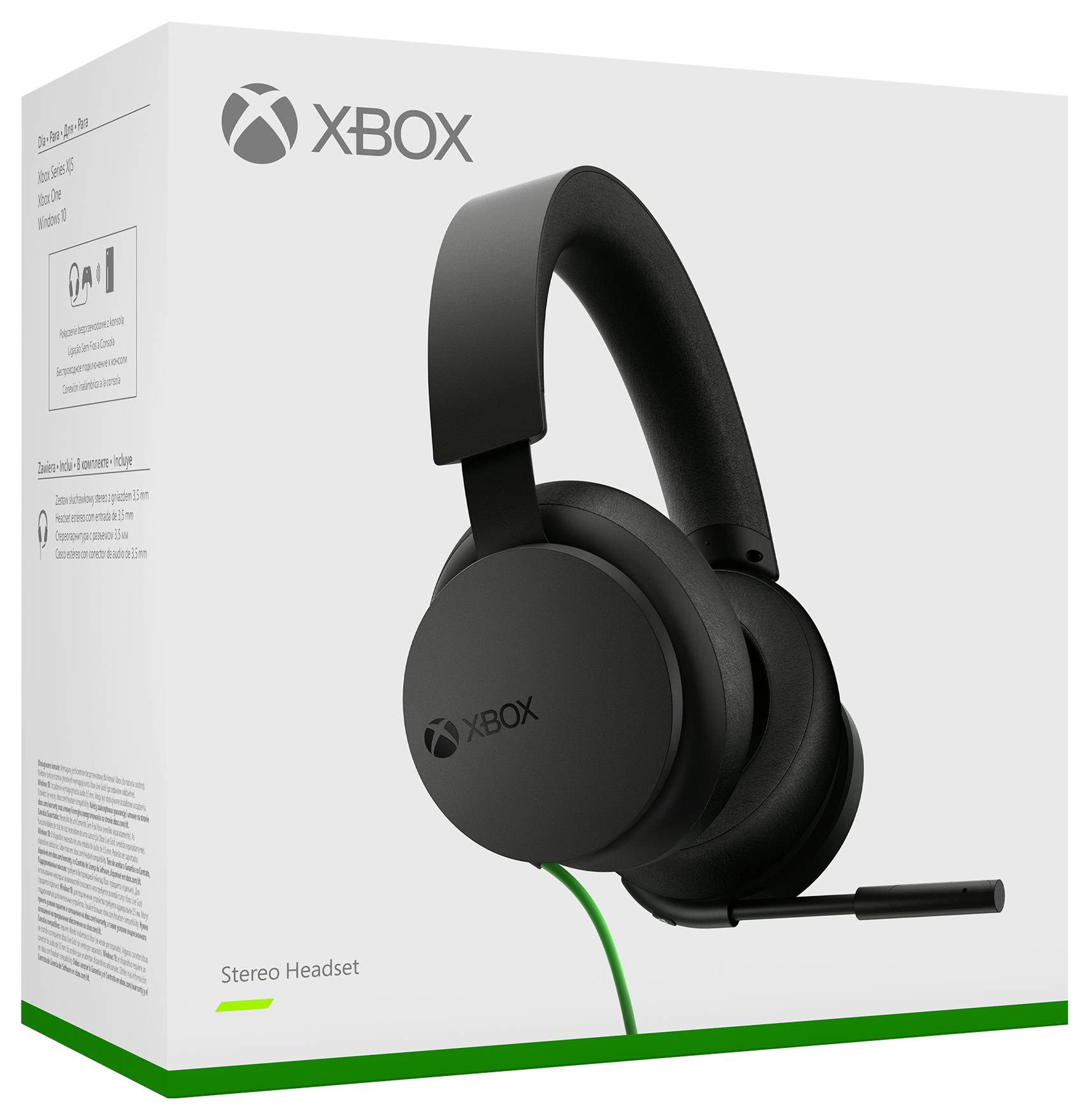 Xbox Stereo Headset in der Verpackung gezeigt, mit einem schwarzen Over-Ear-Kopfhörer und Boom-Mikrofon auf einer weißen Box mit der Beschriftung 'XBOX' und 'Stereo Headset'.