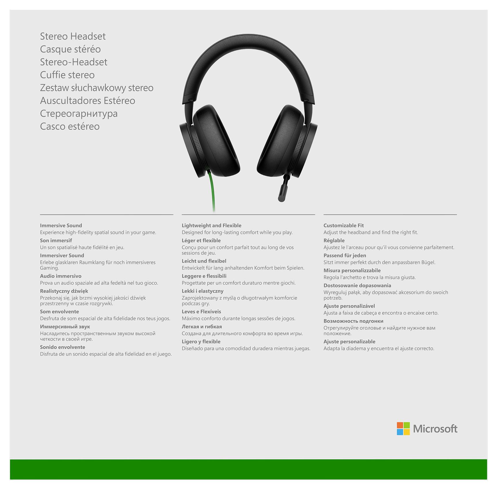 Microsoft Stereo-Kopfhörer Produktbild mit mehrsprachiger Funktionsliste, zeigt leichtes Design, flexibles Boom-Mikrofon und individuell anpassbare Passform.