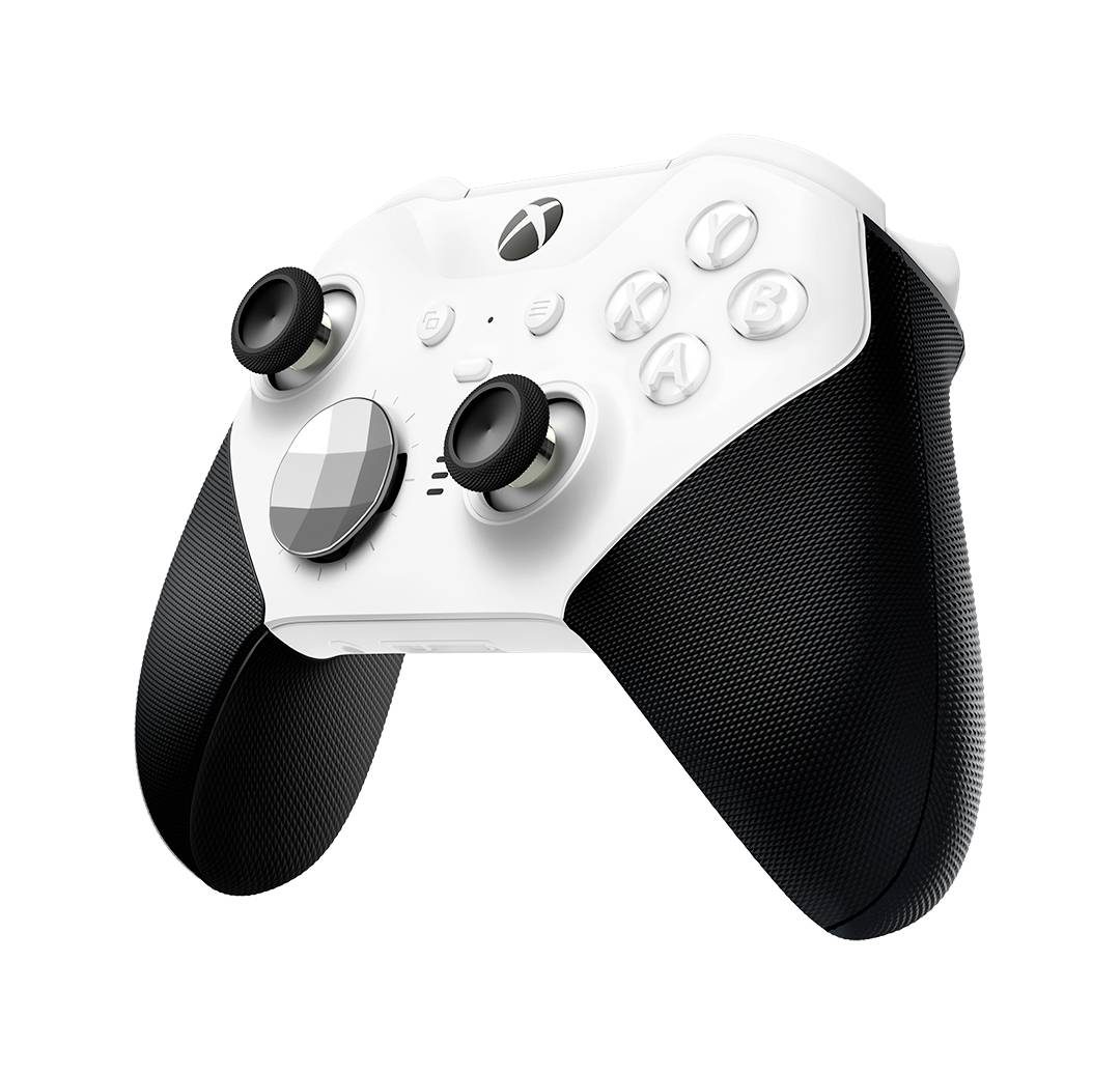 Weißer Xbox-Gamecontroller mit schwarzen Griffen und Analog-Sticks auf neutralem Hintergrund.