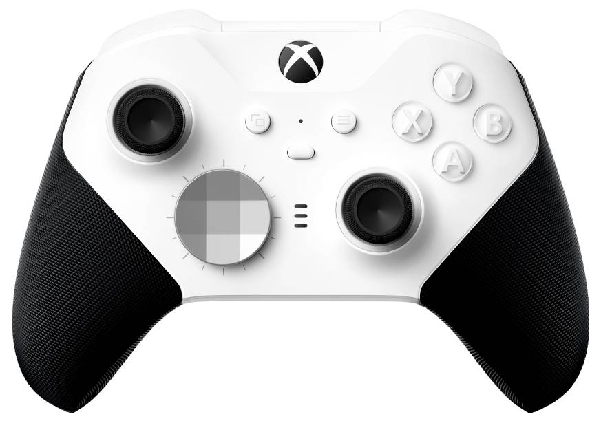 Weißer Xbox-ähnlicher Gamecontroller mit schwarzem Griff, Dual-Thumbsticks, D-Pad, Aktionstasten und einem großen drehbaren Regler auf der linken Seite.