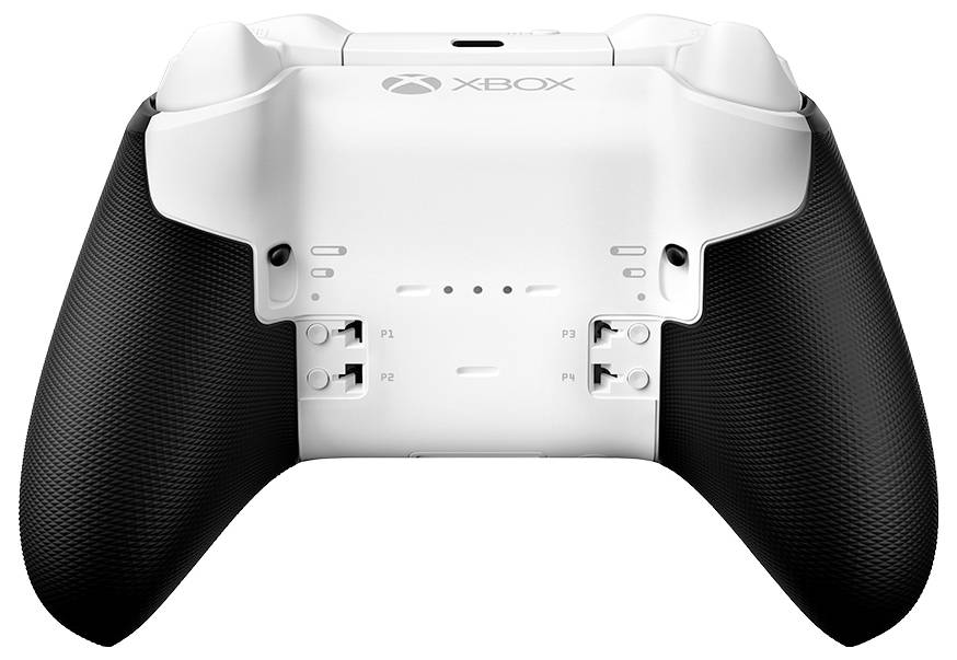 Rückansicht eines Xbox-Spielcontrollers mit weißer Schale und schwarzen strukturierten Griffen, die hintere Paddles, Profileschaltflächen und Xbox-Logo zeigen.