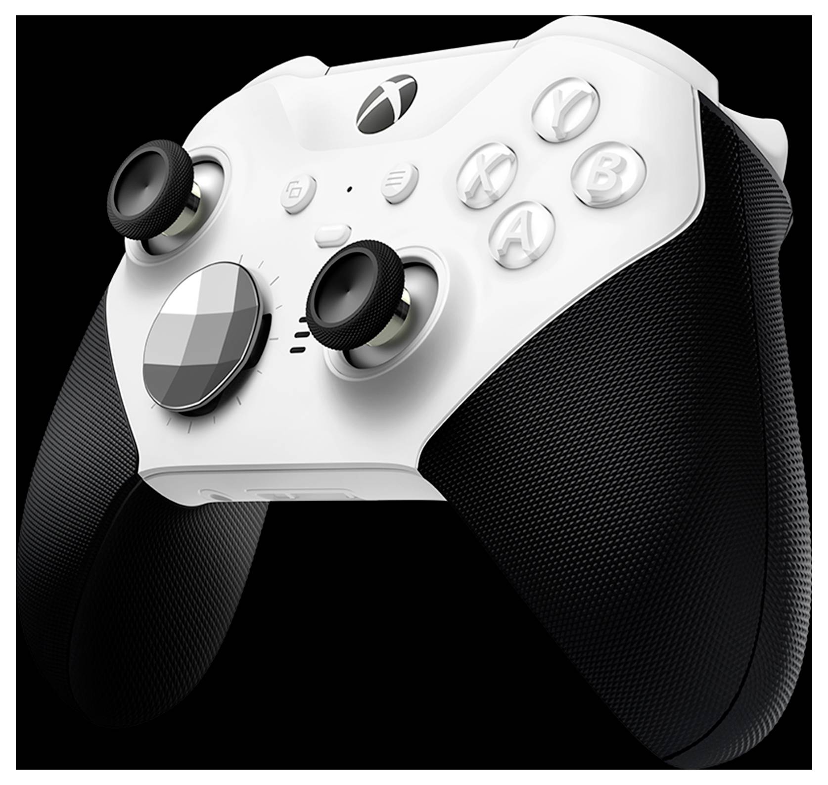 Weiß-schwarzer Xbox-ähnlicher Spielcontroller mit zwei Analog-Sticks und ABXY-Tasten auf schwarzem Hintergrund.