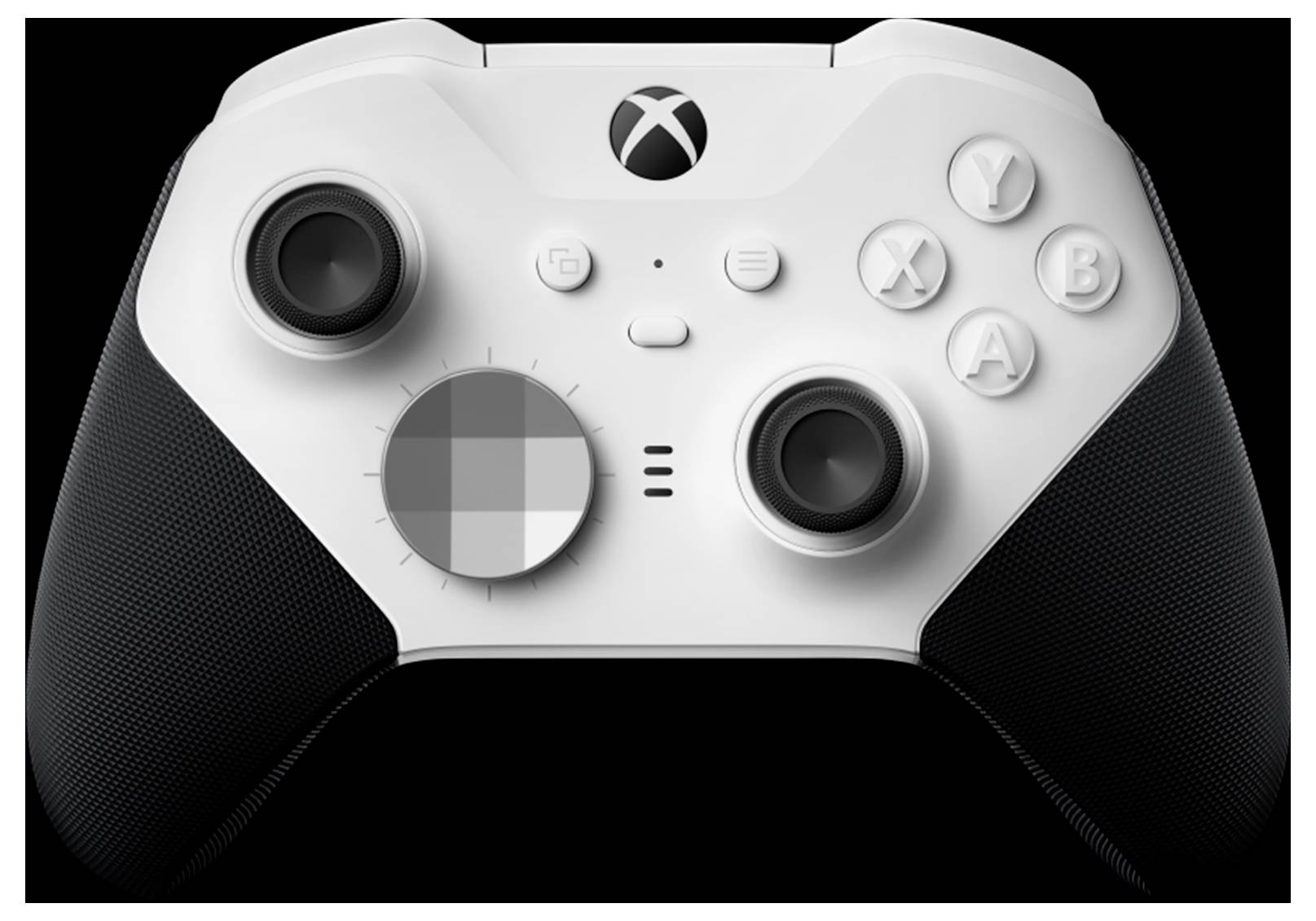 Weiß-schwarzer Xbox-ähnlicher Spielecontroller in Frontansicht mit zwei analogen Sticks, D-Pad, Tasten auf der Vorderseite und zentralem Xbox-Logo.