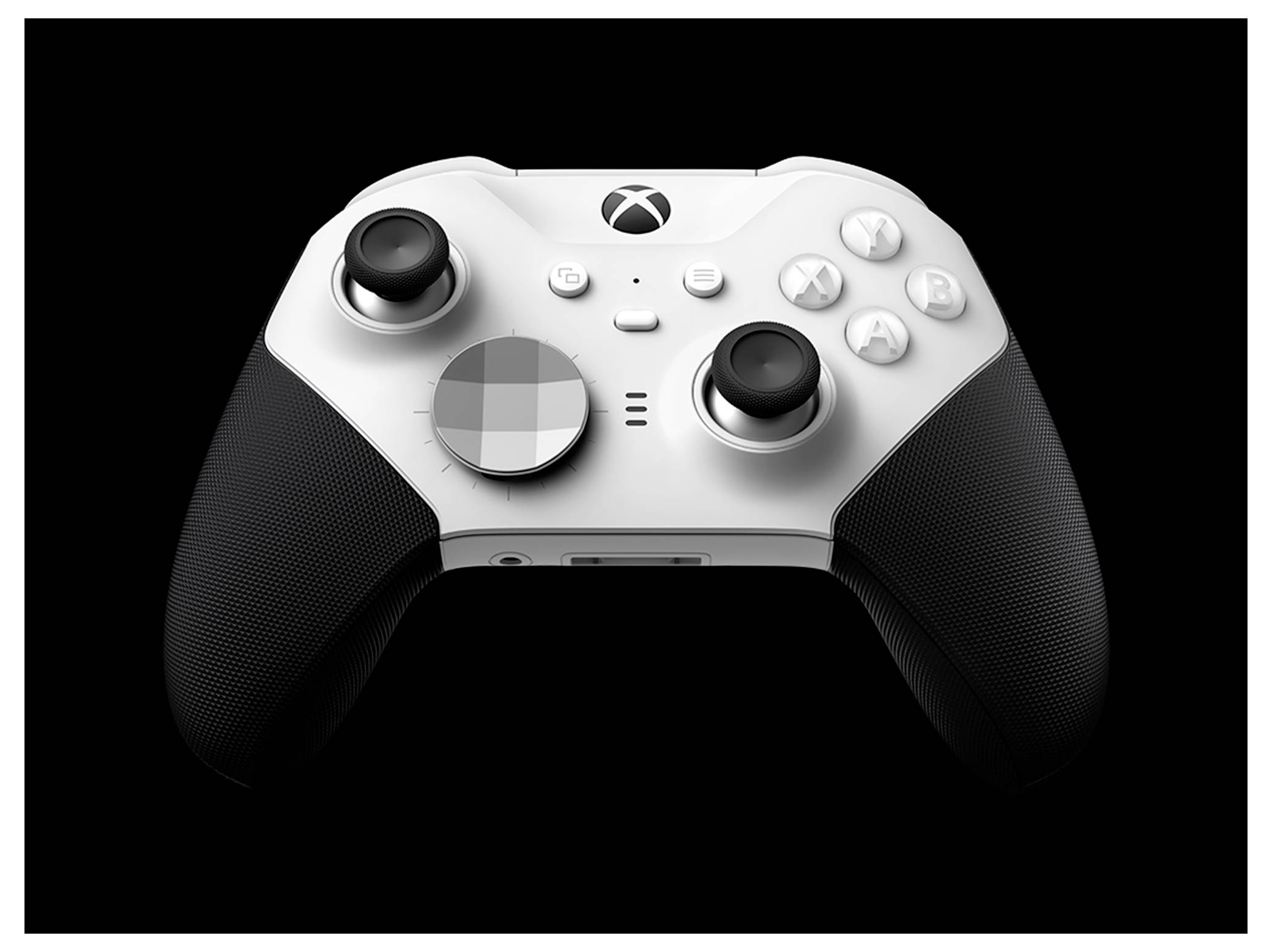 Weiß-schwarzer Xbox-ähnlicher Spielecontroller, zentriert auf schwarzem Hintergrund, Vorderansicht mit zwei Analog-Sticks, Steuerkreuz, Aktionstasten und Xbox-Logo.