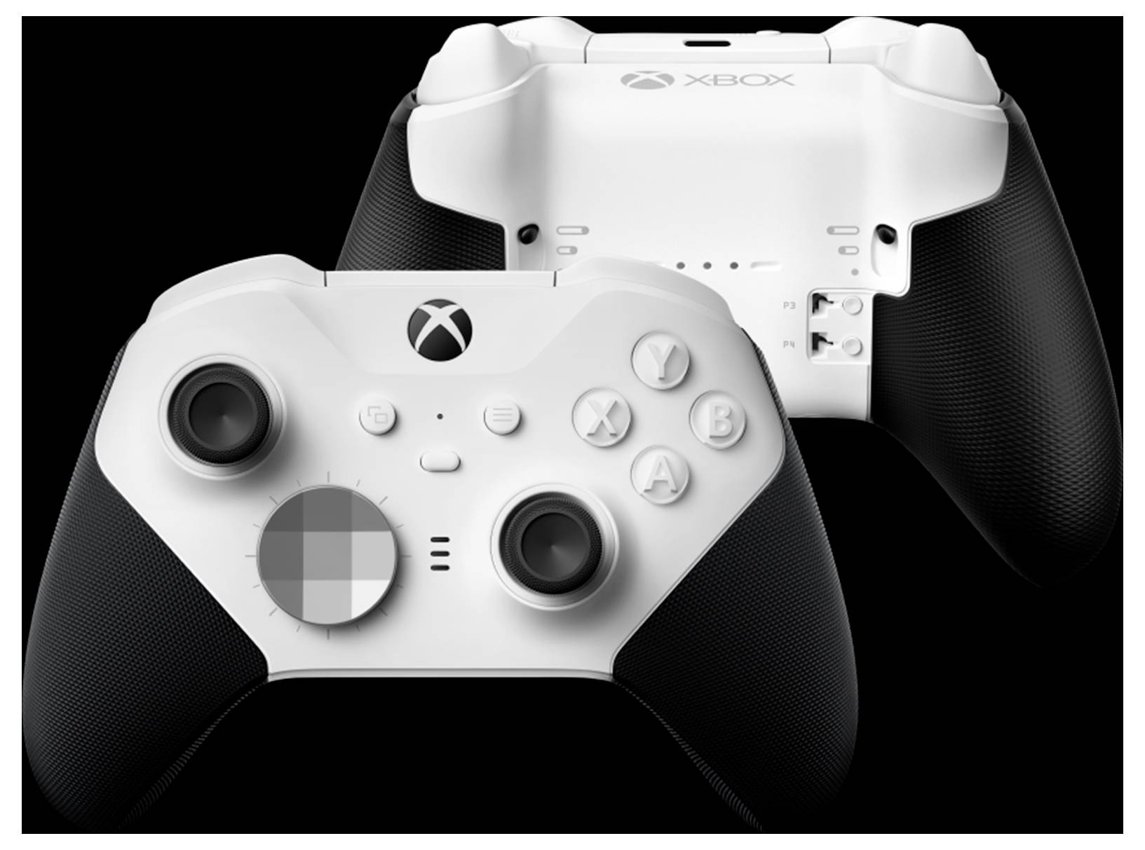 Zwei Xbox Wireless Controller, eine Vorderansicht und eine Rückansicht, in Weiß und Schwarz mit grauen Akzenten auf schwarzem Hintergrund.