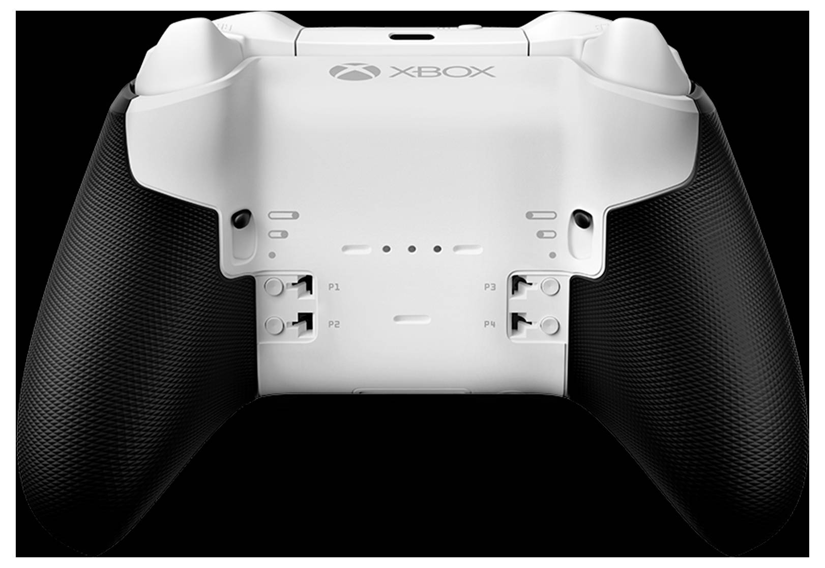 Xbox-Spielecontroller mit weißem Gehäuse oben und schwarzen strukturierten Griffen, zeigt beschriftete hintere Tasten P1 bis P4 auf schwarzem Hintergrund.