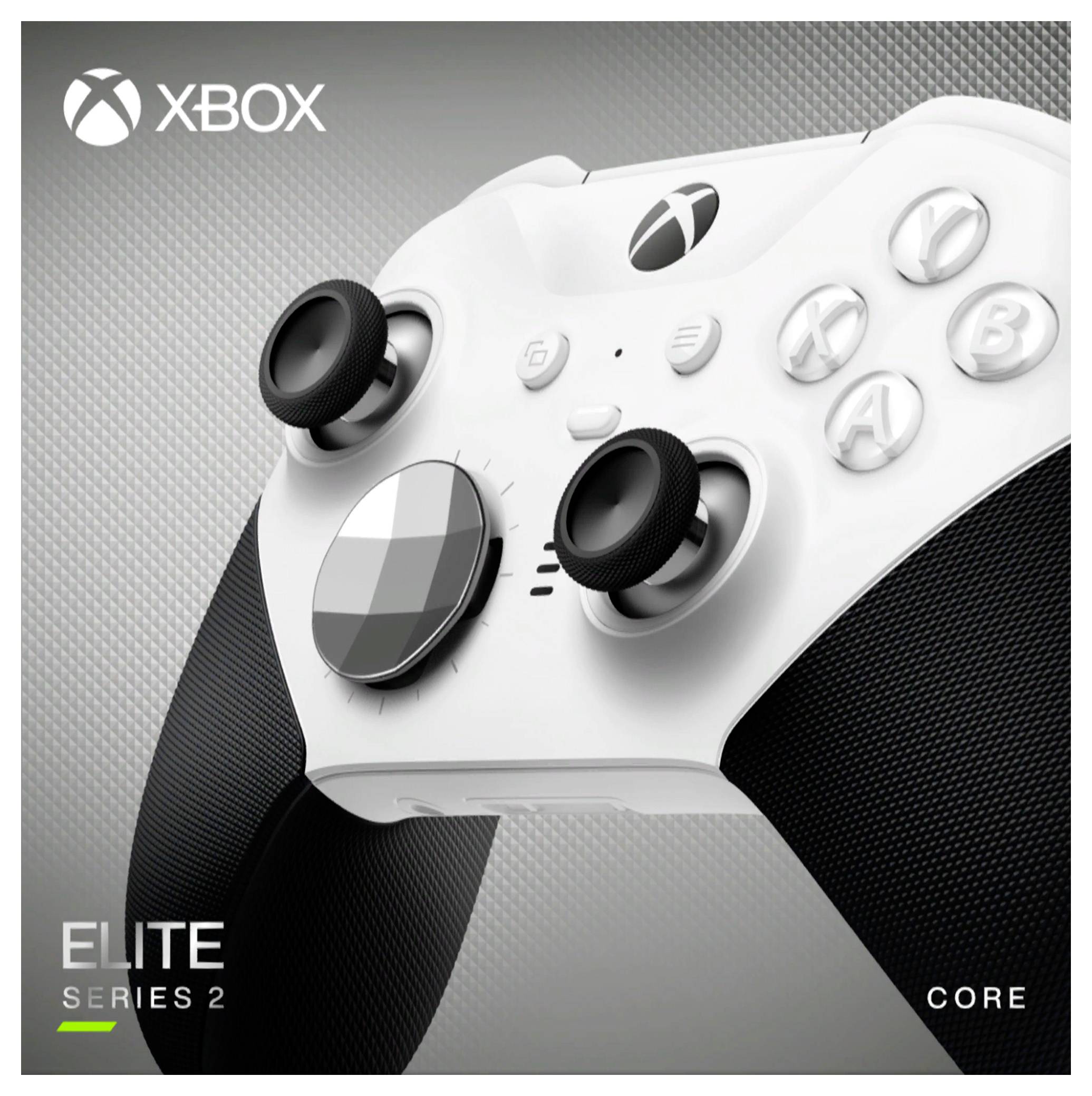 Xbox Elite Series 2 Core weißer kabelloser Controller mit schwarzen Griffen und Analogstöcken, abgebildet in einem Produktpromo-Bild.