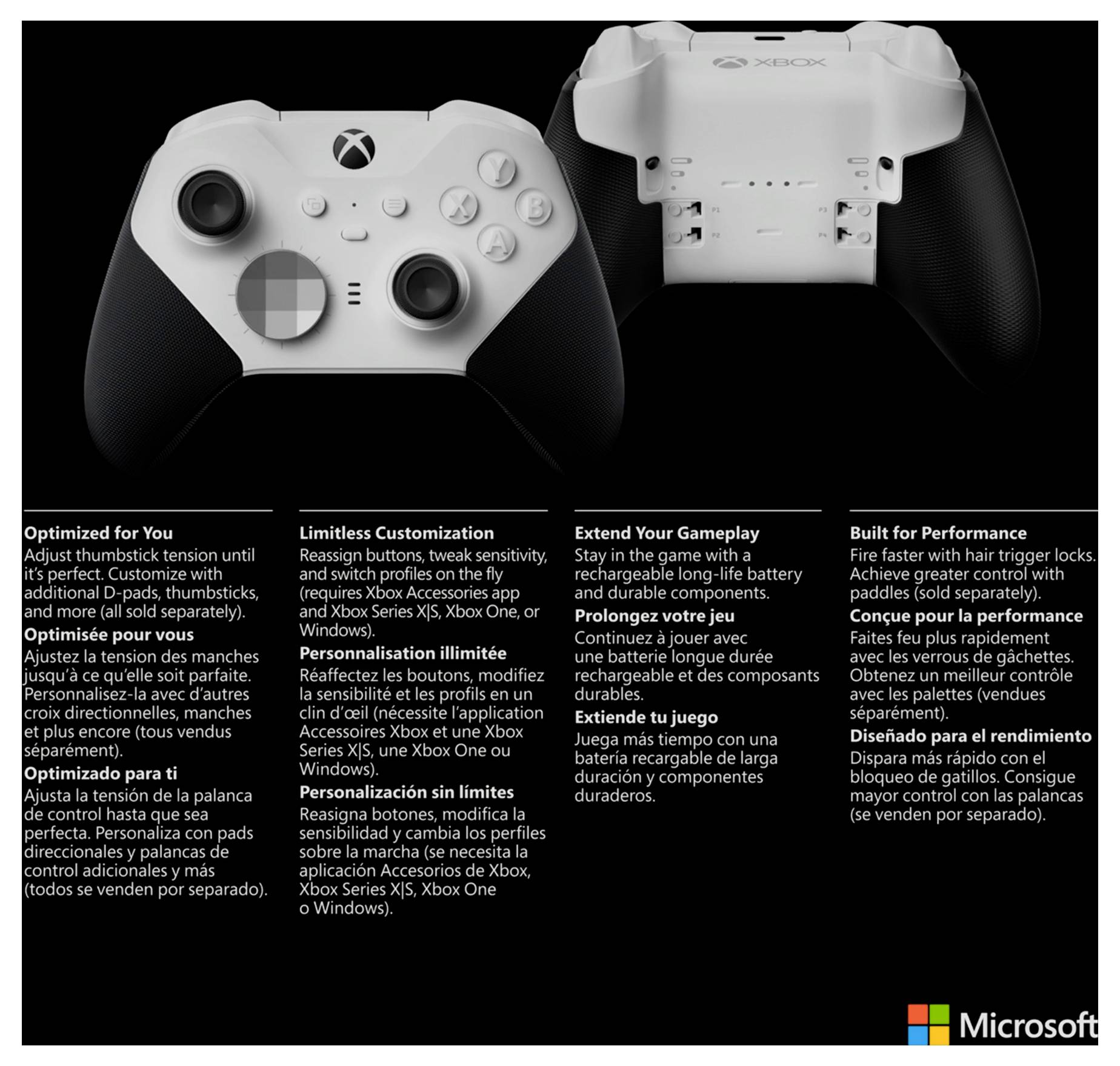 Werbebild eines Xbox-Controllers mit austauschbaren Teilen, das verstellbare Analogsticks, D-Pad und Paddles zeigt, sowie Text über Anpassung, längeres Gameplay und Leistung; Microsoft-Logo unten.