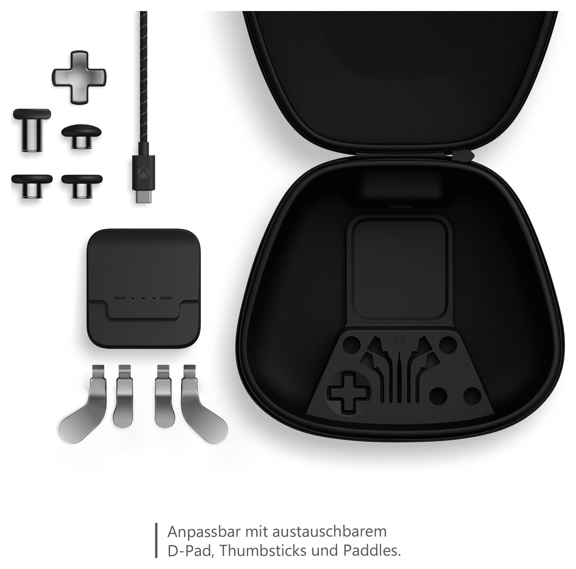 Schwarzes Gaming-Controller-Zubehörset mit Tragetasche, enthält D-Pad, Thumbsticks, Paddles und Kabel; Text sagt „Anpassbar mit austauschbarem D-Pad, Thumbsticks und Paddles.