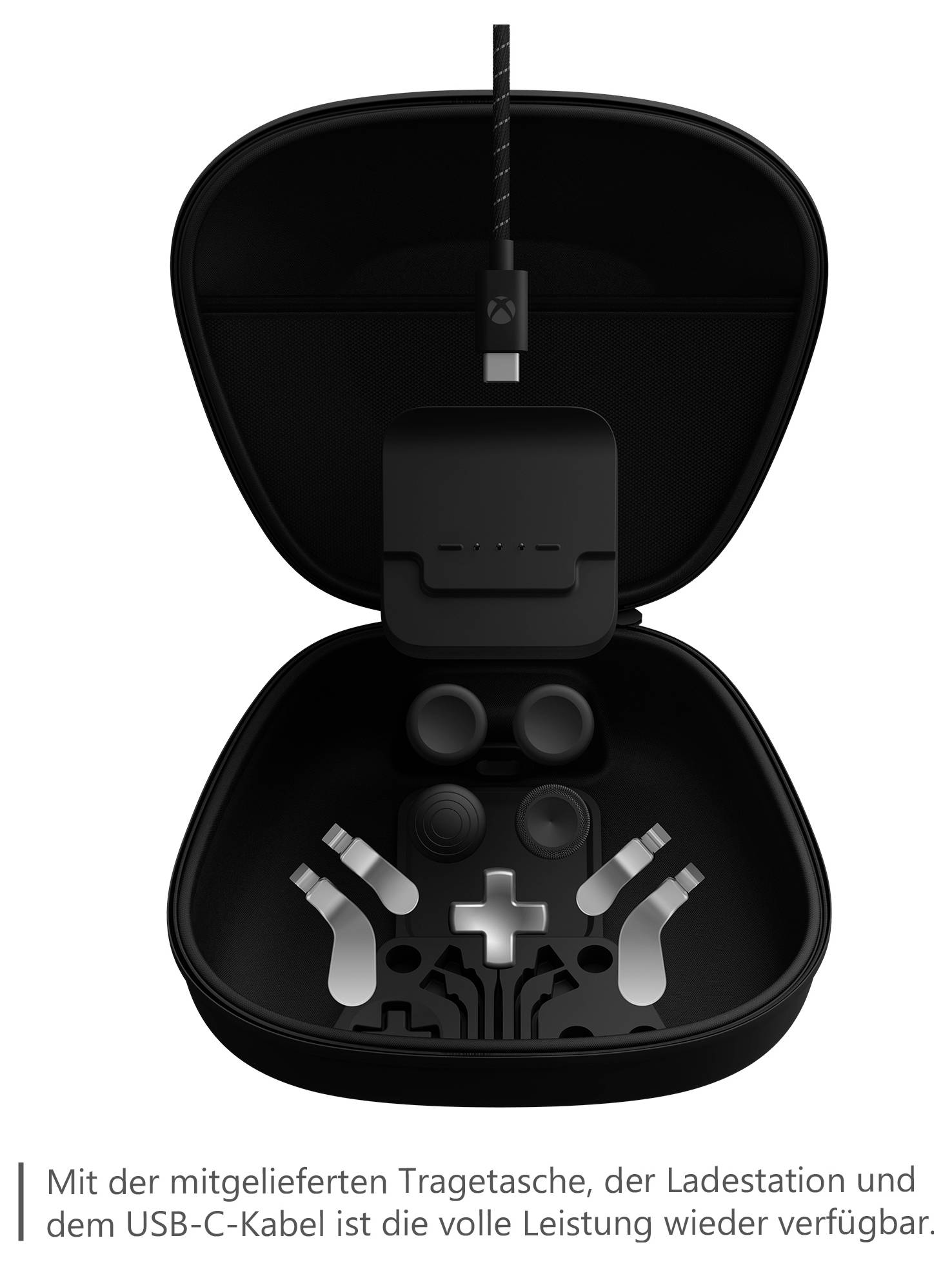 Offenes schwarzes Ladeetui mit angeschlossenem USB-C-Kabel und Ohrhörern im Inneren; Die deutsche Beschriftung besagt, dass das Transportetui, die Ladestation und das USB-C-Kabel die volle Leistung wiederherstellen.