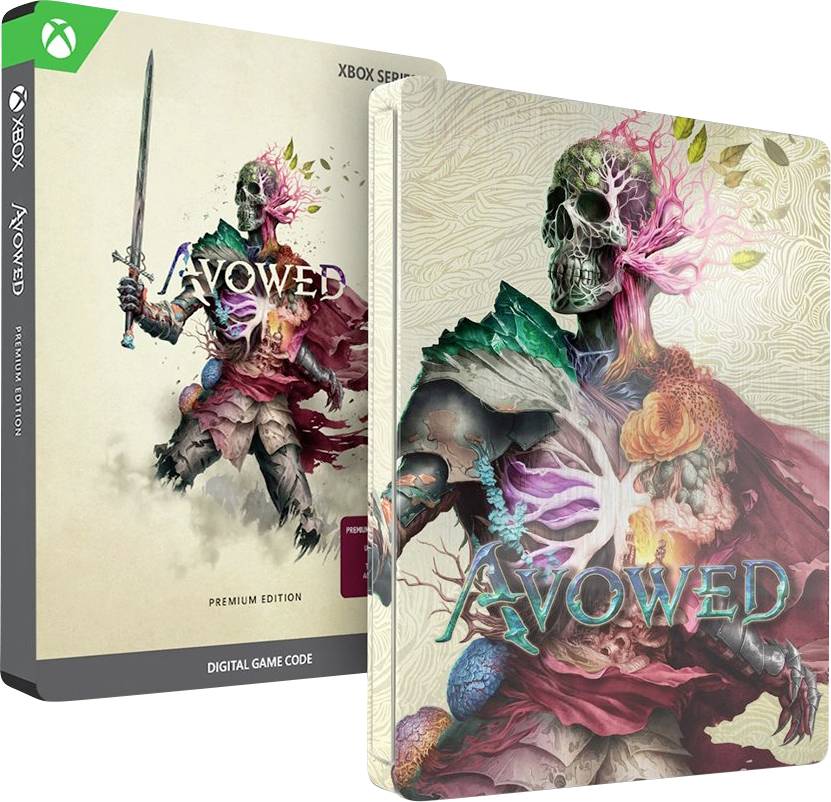 Avowed Premium Edition Xbox Series X Spielbox und Steelbook mit skelettartiger Fantasy-Charakterillustration und Titellogodesign.