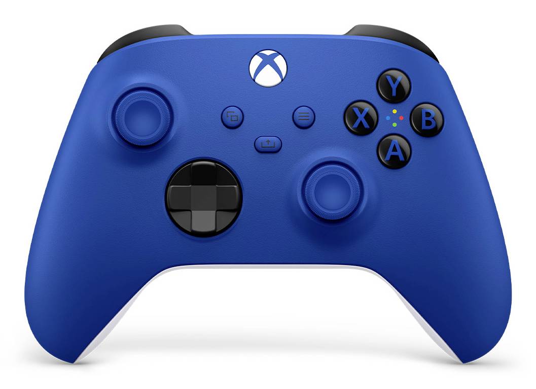 Blauer Xbox Wireless-Spielecontroller auf weißem Hintergrund, Vorderansicht mit Thumbsticks, D-Pad, Tasten und Xbox-Logo.