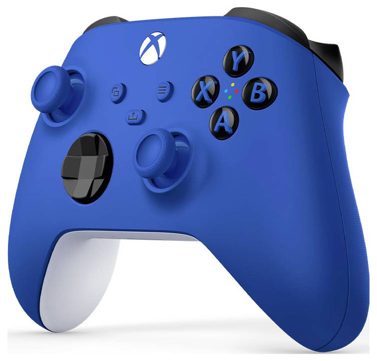 Blauer Xbox-ähnlicher Spielecontroller mit zwei Analogstöcken, Steuerkreuz und A/B/X/Y-Tasten auf weißem Hintergrund.