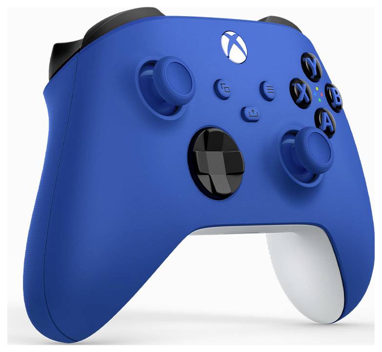 Blauer Xbox-ähnlicher Gamecontroller mit schwarzen Tasten und weißen Griffen auf weißem Hintergrund.