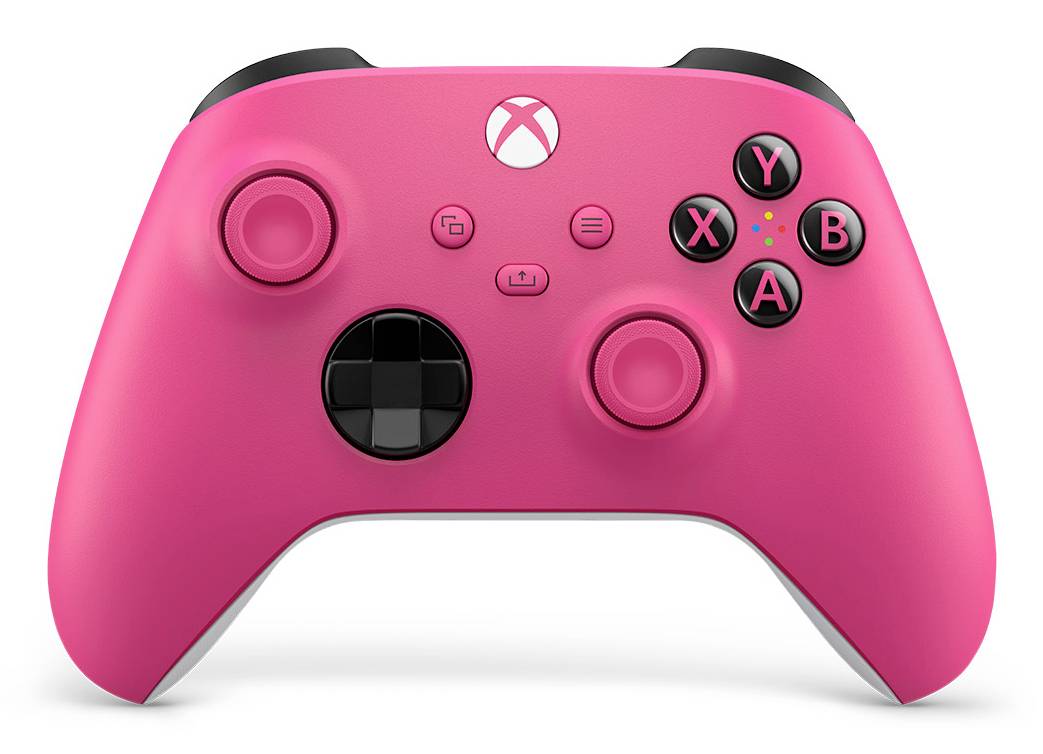 Rosa Xbox-Spielcontroller in Vorderansicht mit schwarzen Tasten, analogen Sticks, D-Pad und Logo auf weißem Hintergrund.