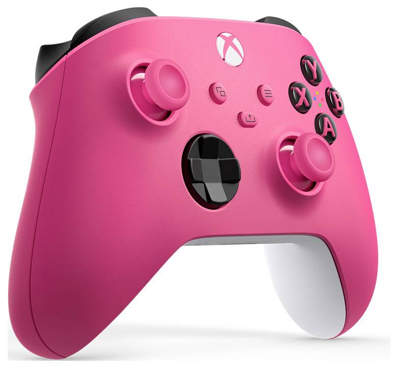 Rosa Xbox-ähnlicher Spielcontroller mit schwarzen Tasten und Joysticks auf weißem Hintergrund.