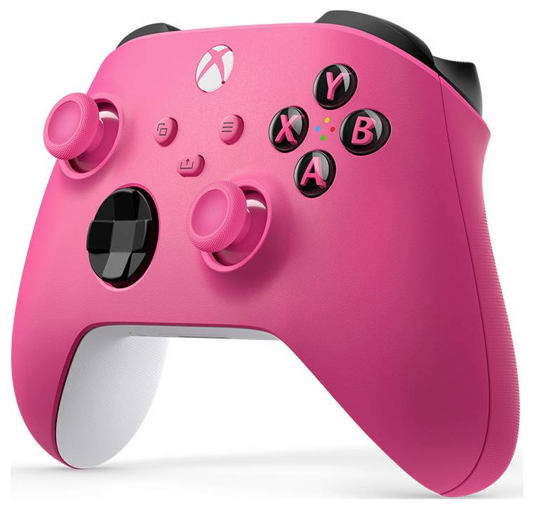 Rosa Xbox-ähnlicher Spielcontroller mit schwarzen Tasten, zwei Joysticks und D-Pad, vor weißem Hintergrund dargestellt.