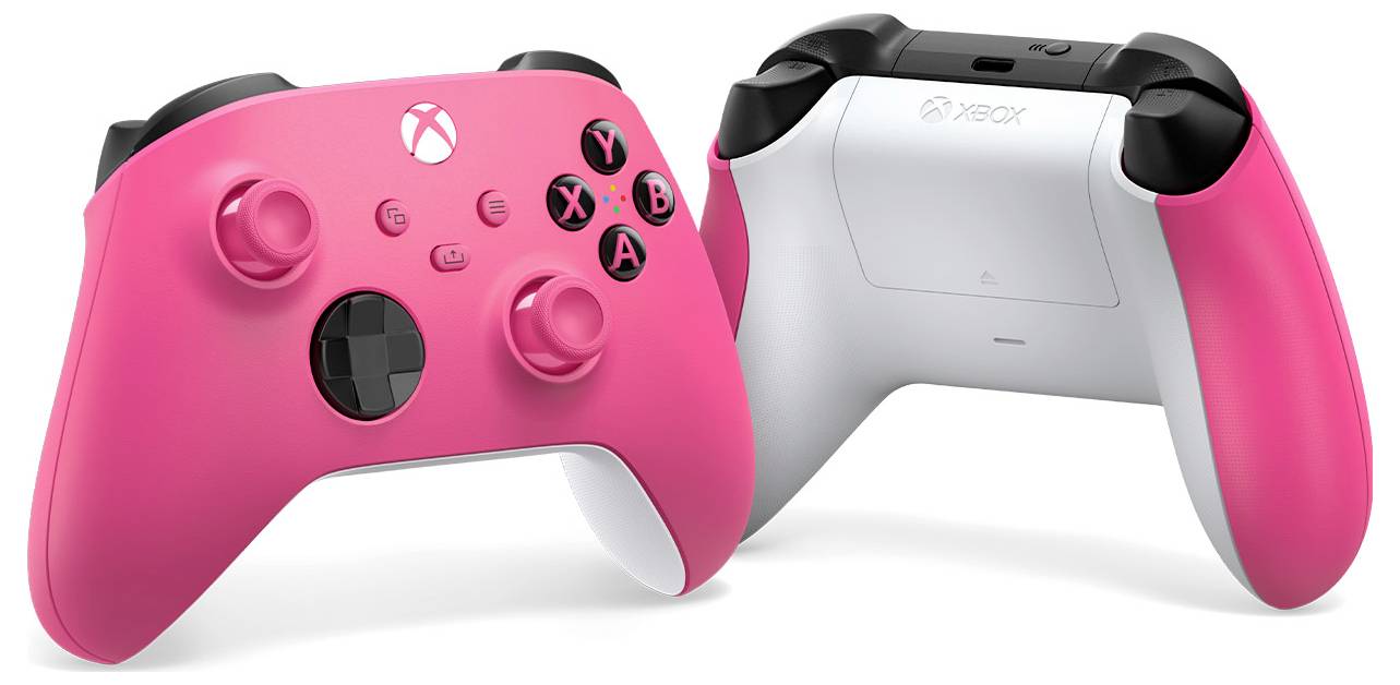 Rosa Xbox-Controller von vorne und hinten gezeigt, mit Hervorhebung des schwarz-rosa Designs und der Tasten.