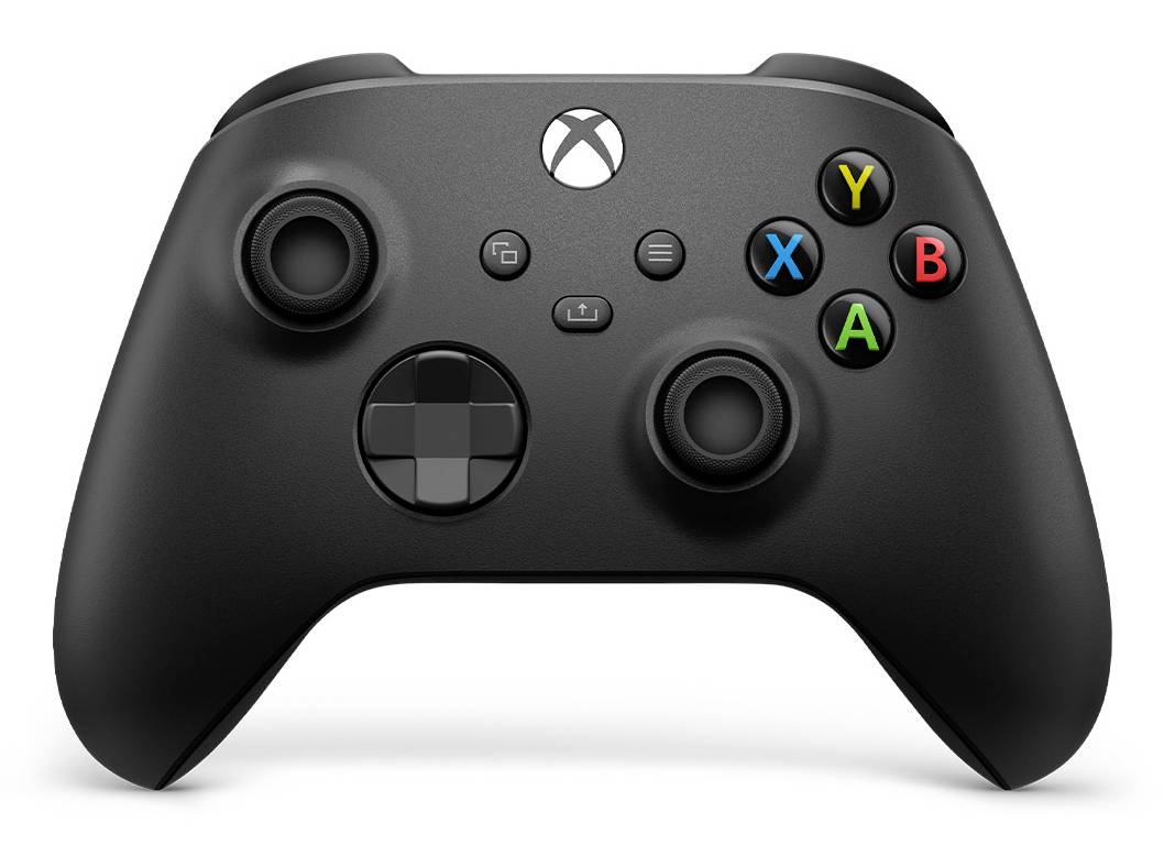 Schwarzer Xbox-Spielcontroller mit Analog-Sticks, D-Pad, Menü-Tasten und farbigen A-, B-, X-, Y-Tasten auf weißem Hintergrund.