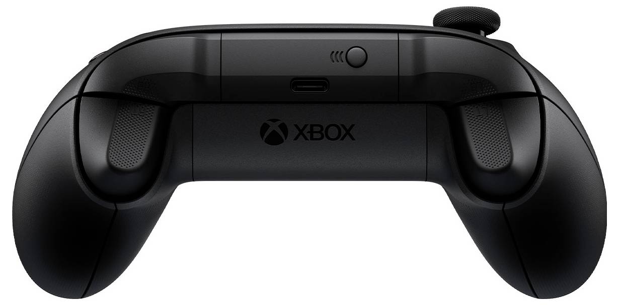 Schwarzer Xbox-Spielecontroller in Vorderansicht auf weißem Hintergrund.