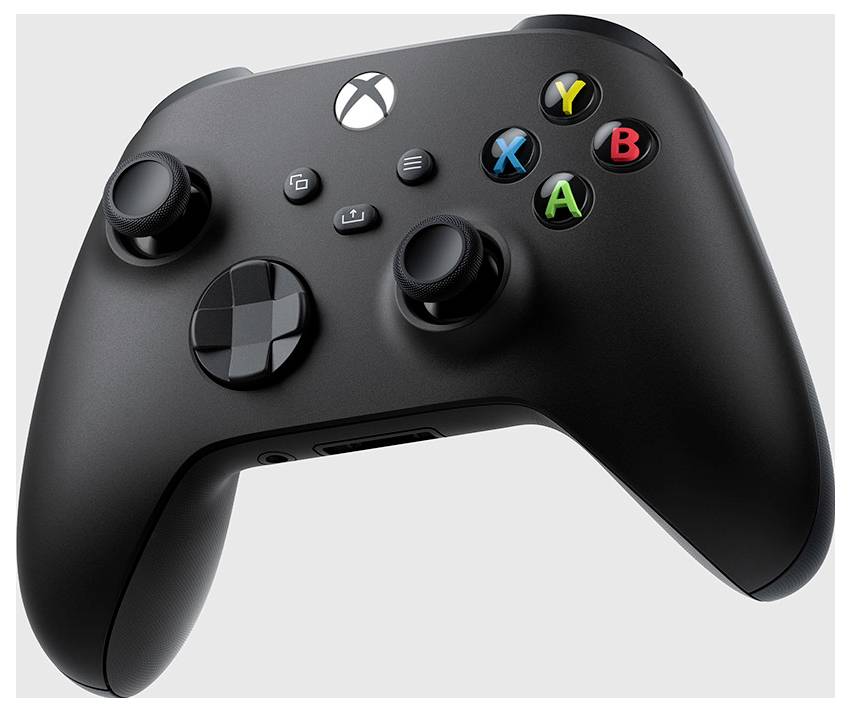 Schwarzer Xbox Wireless-Spielcontroller mit Analog-Sticks, D-Pad und farbigen A-, B-, X- und Y-Tasten auf hellgrauem Hintergrund.