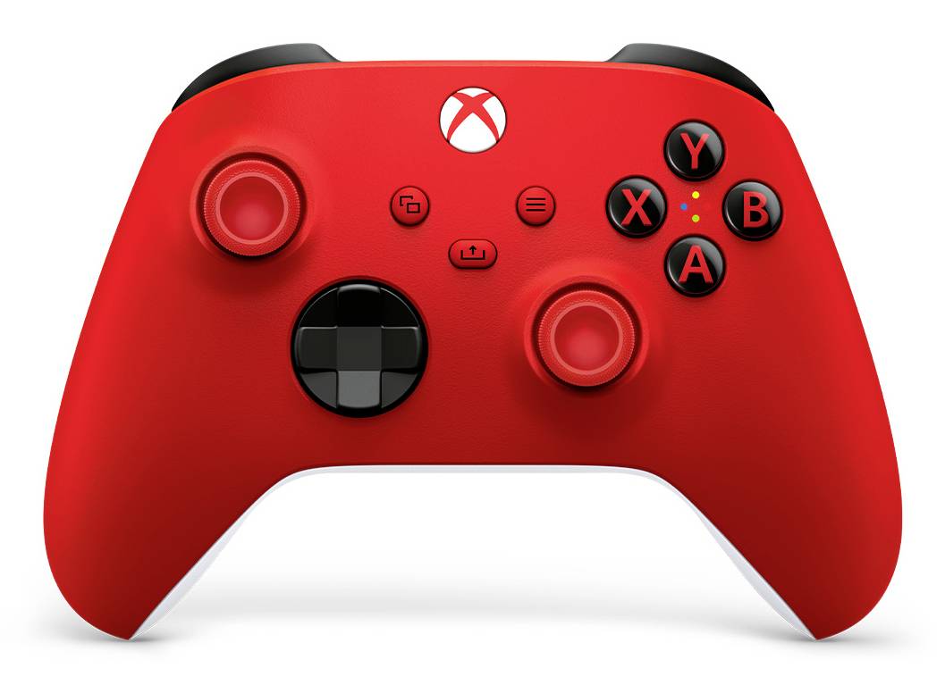 Ein roter Xbox-Spielcontroller, frontal gezeigt mit Analog-Sticks, D-Pad, A/B/X/Y-Tasten und Xbox-Logo auf weißem Hintergrund.