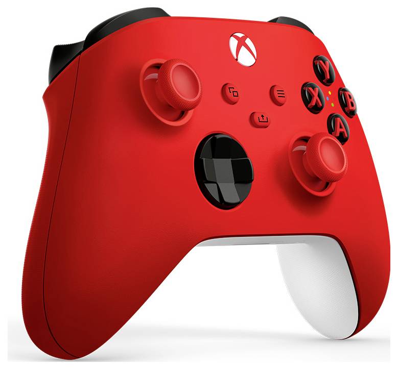Roter Xbox-ähnlicher Gamecontroller mit schwarzen Analogsticks, Steuerkreuz und Aktionstasten auf weißem Hintergrund.