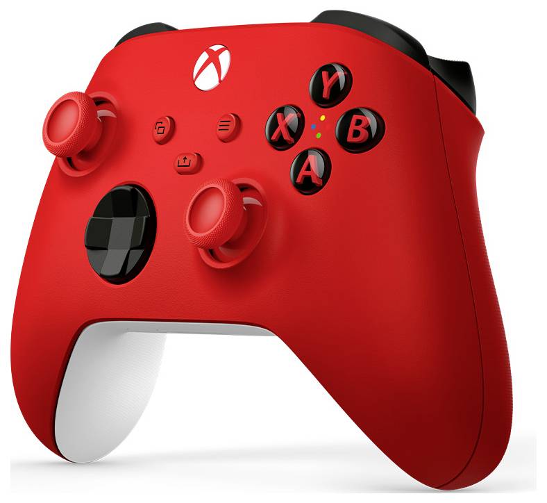 Roter Xbox-ähnlicher Spielecontroller mit schwarzen Tasten und Joysticks auf weißem Hintergrund.