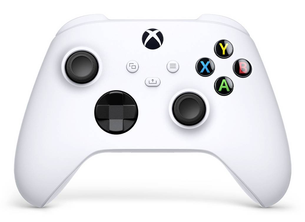 Weißer Xbox-Spielcontroller mit schwarzen Analog-Sticks, D-Pad und farbigen A/B/X/Y-Tasten, in Vorderansicht vor einfachem Hintergrund dargestellt.