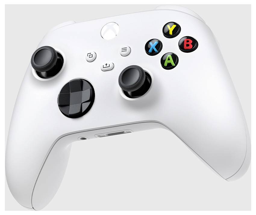 Weißer Xbox-ähnlicher Spielecontroller mit zwei analogen Sticks, D-Pad, mittleren Tasten und farbigen A-, B-, X-, Y-Aktionstasten auf hellem Hintergrund.