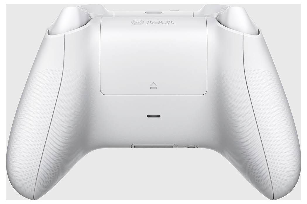 Weißer Xbox-Spielcontroller in Vorderansicht auf hellem Hintergrund, mit zentriertem Xbox-Logo und symmetrischen Griffen und Tasten.