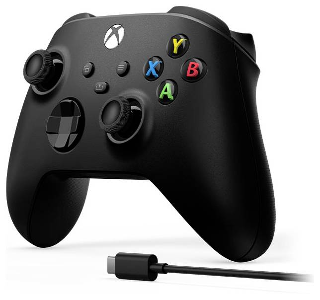 Schwarzer Xbox-Spielecontroller mit Kabel und abnehmbarem Adapter auf weißem Hintergrund dargestellt.